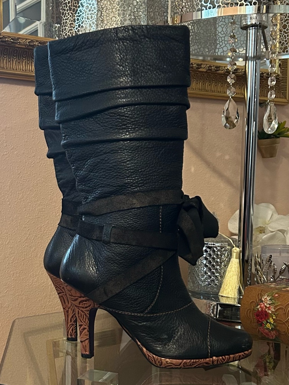 Kensie Black Ruched Leather Mid-Calf Heeled Boots with Bow Wooden Heel Size 8